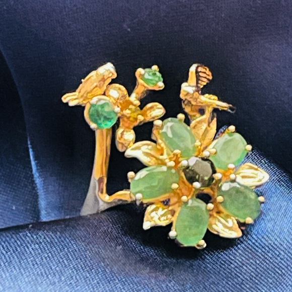 Natural Emerald and Chrome diopside ring sterling silver  gold plated - Picture 2 of 9